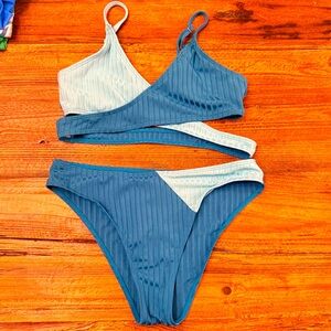SHEIN Blue and White Ribbed Bikini Set